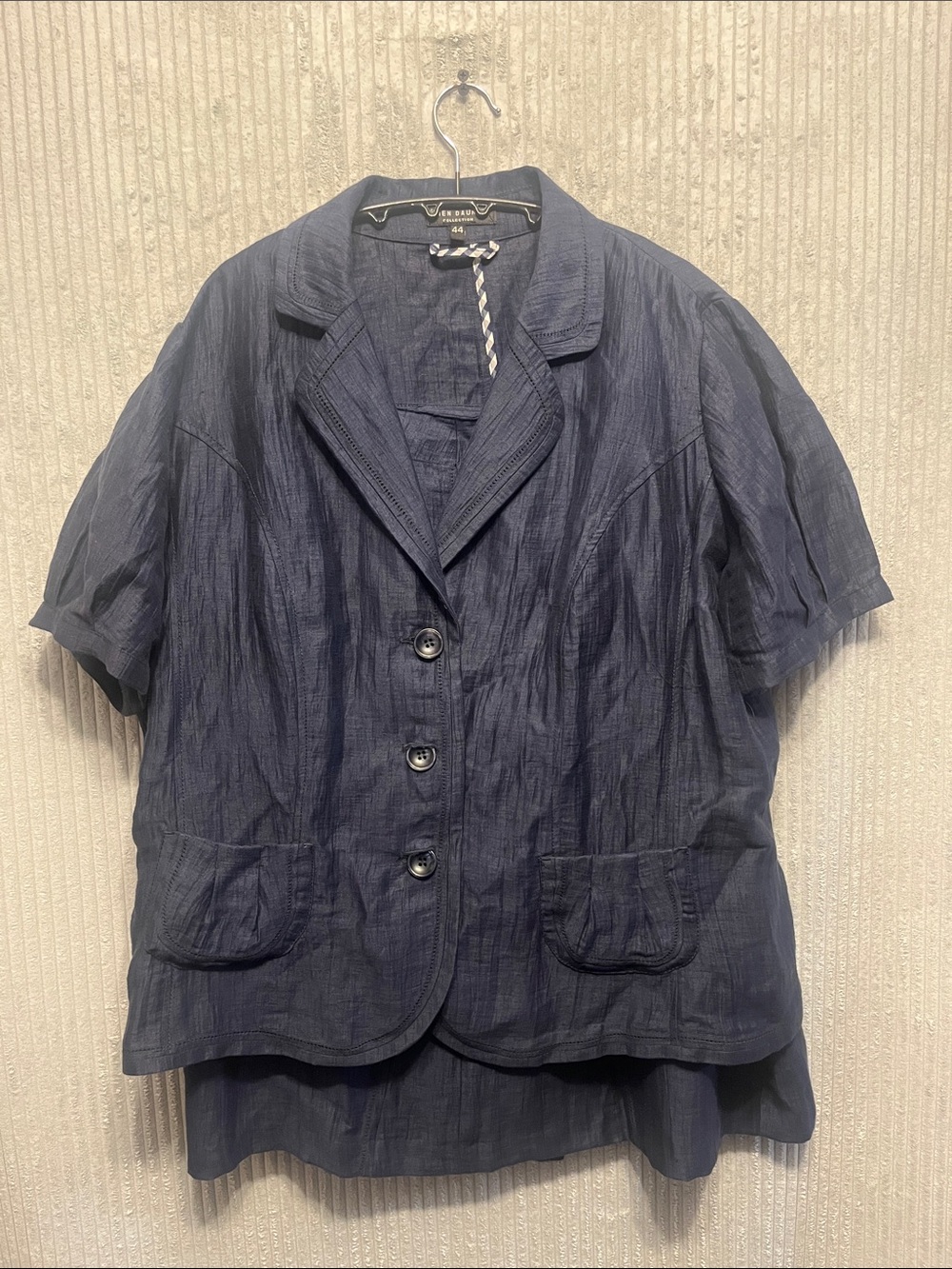 Lucien Daunois Navy Short-Sleeve Textured Blazer and Skirt